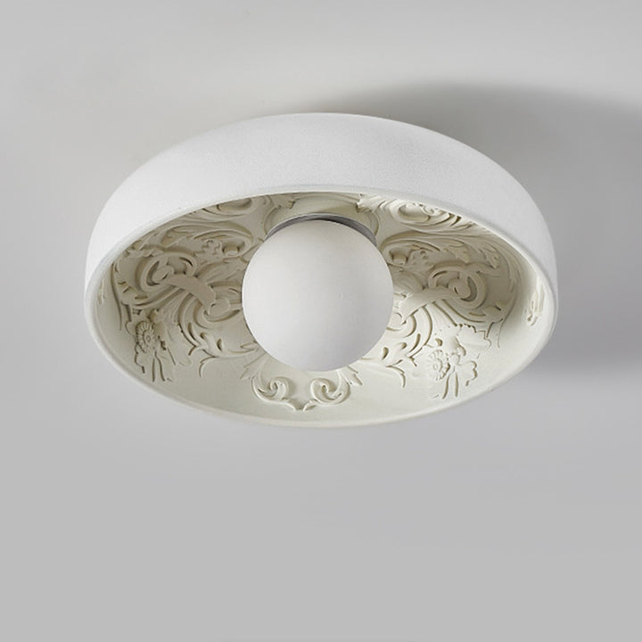 Contemporary Creative Half Round Carved Orb Resin Glass 1-Light Flush Mount Ceiling Light For Living Room