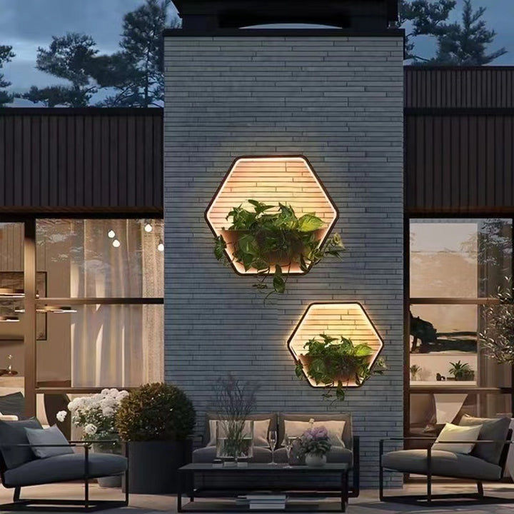 Zeitgenössische skandinavische wasserdichte runde sechseckige halbrunde trapezförmige Edelstahl-Aluminium-LED-Außenwandleuchte für den Garten 