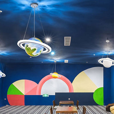 Lustre suspendu moderne minimaliste en forme de planète avec boule en PVC et fer à 1 lumière pour chambre d'enfants 