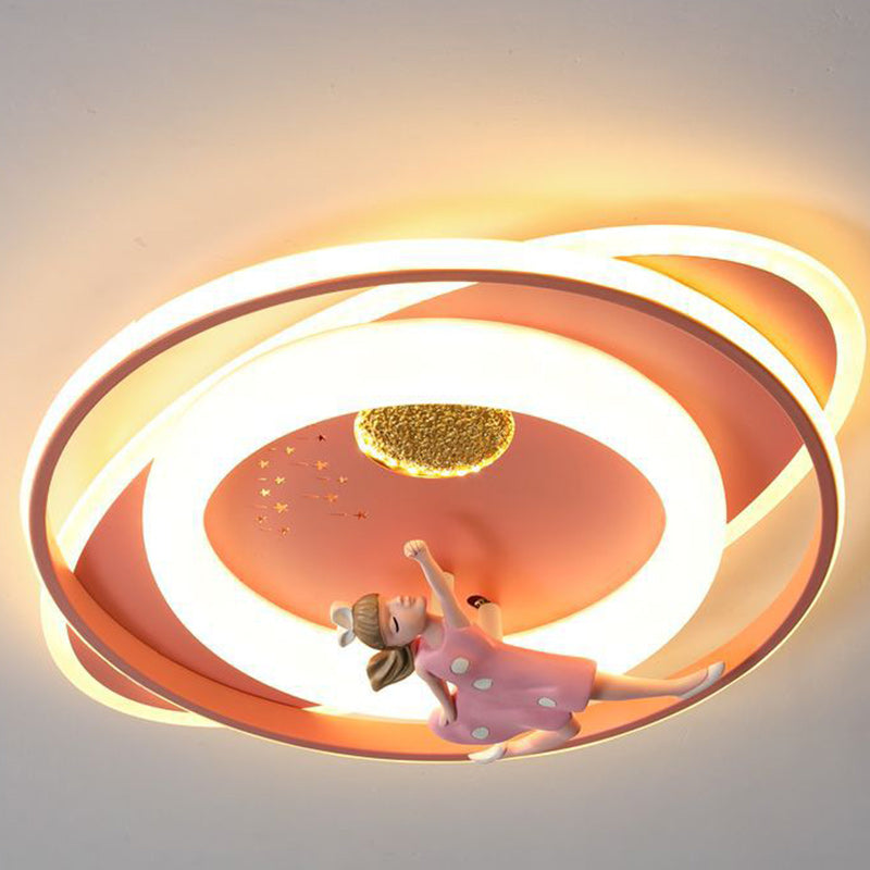 Plafonnier LED en acrylique et fer de forme ovale ronde avec motif contemporain de dessin animé pour enfants avec astronaute, fusée et princesse, pour chambre à coucher 