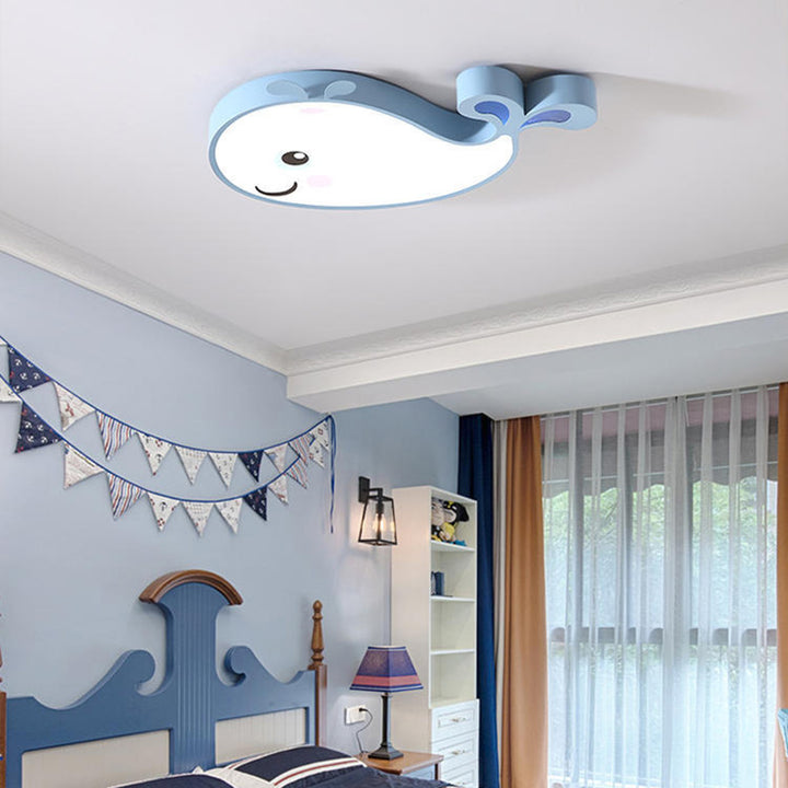 Contemporary Scandinavian Cartoon Kids Whale Iron Acrylic LED Flush Mount Ceiling Light For Bedroom