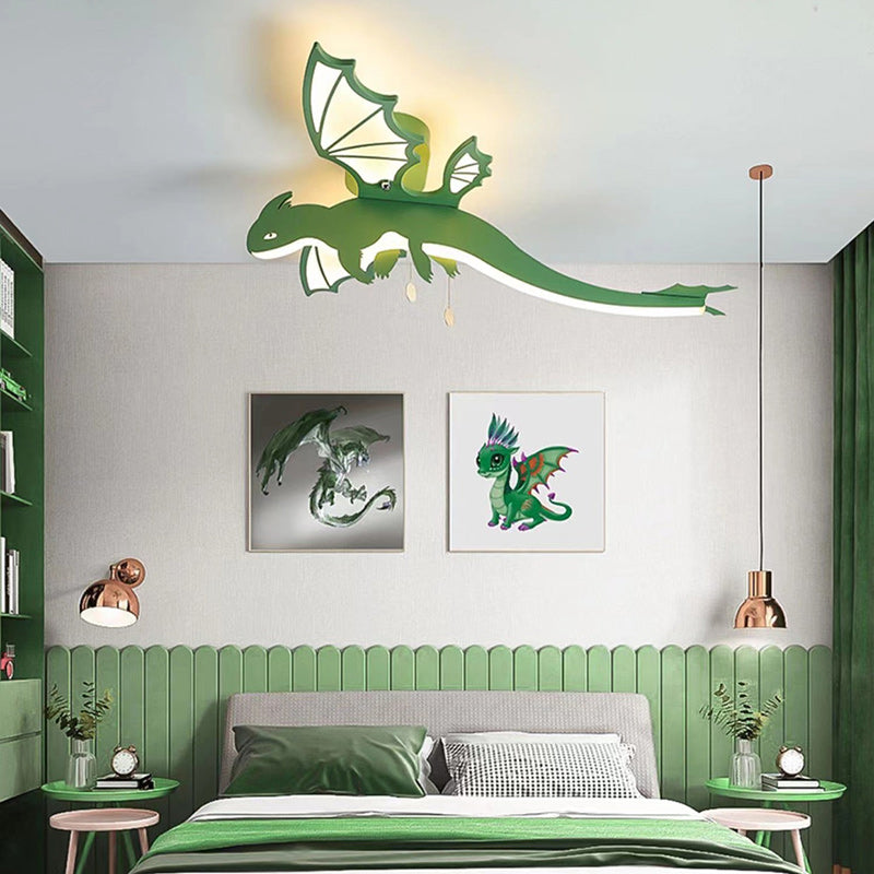 Contemporary Creative Cartoon Kids Dinosaur Oval Chassis Iron PVC Acrylic LED Semi-Flush Mount Ceiling Light Kids Light For Bedroom