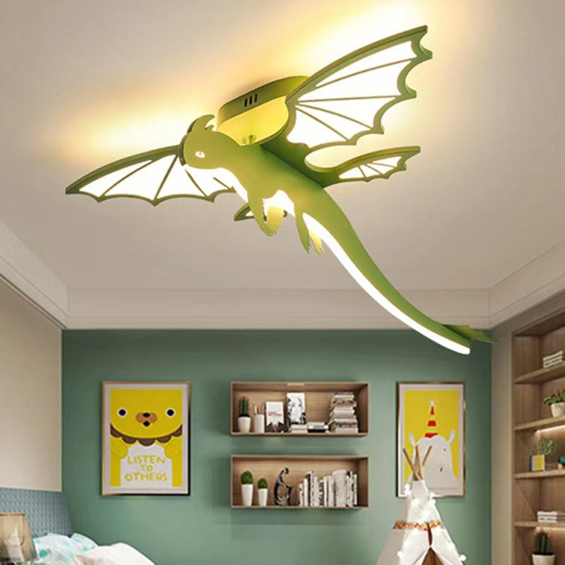 Contemporary Creative Cartoon Kids Dinosaur Oval Chassis Iron PVC Acrylic LED Semi-Flush Mount Ceiling Light Kids Light For Bedroom