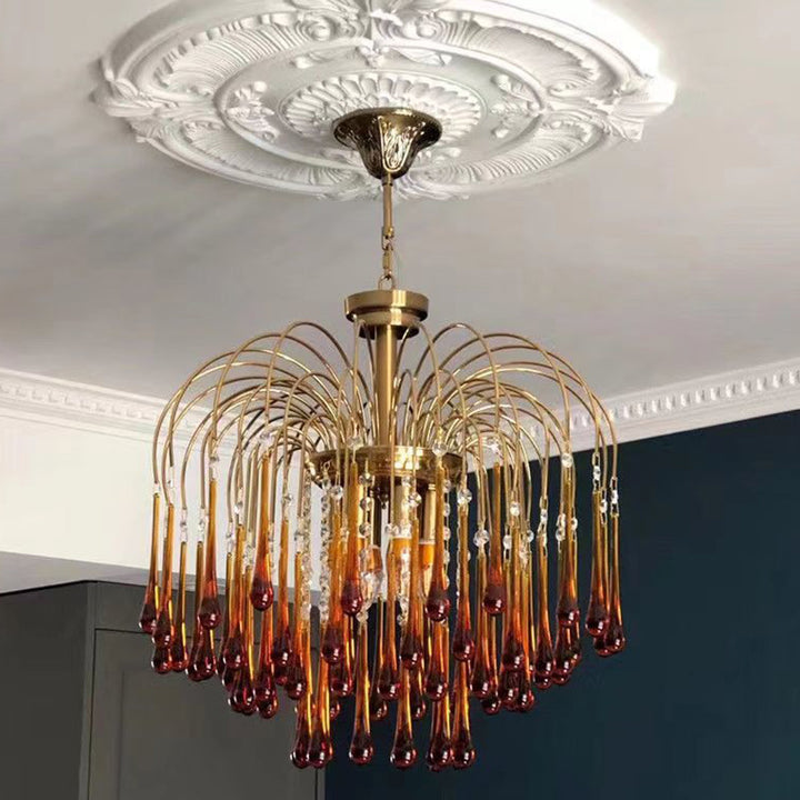 Chandelier en Verre de Cuivre Traditionnel Vintage Branche Cylindre Goutte d'Eau 3/4/6/12 Lumières pour Salon 