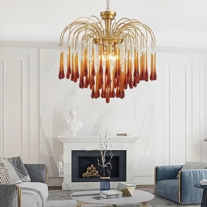 Chandelier en Verre de Cuivre Traditionnel Vintage Branche Cylindre Goutte d'Eau 3/4/6/12 Lumières pour Salon 