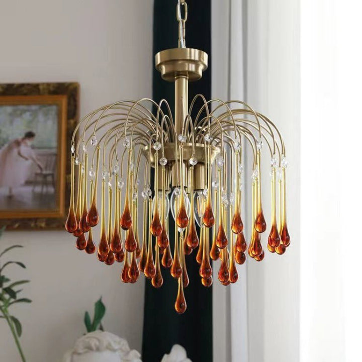 Chandelier en Verre de Cuivre Traditionnel Vintage Branche Cylindre Goutte d'Eau 3/4/6/12 Lumières pour Salon 