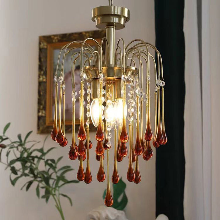 Chandelier en Verre de Cuivre Traditionnel Vintage Branche Cylindre Goutte d'Eau 3/4/6/12 Lumières pour Salon 