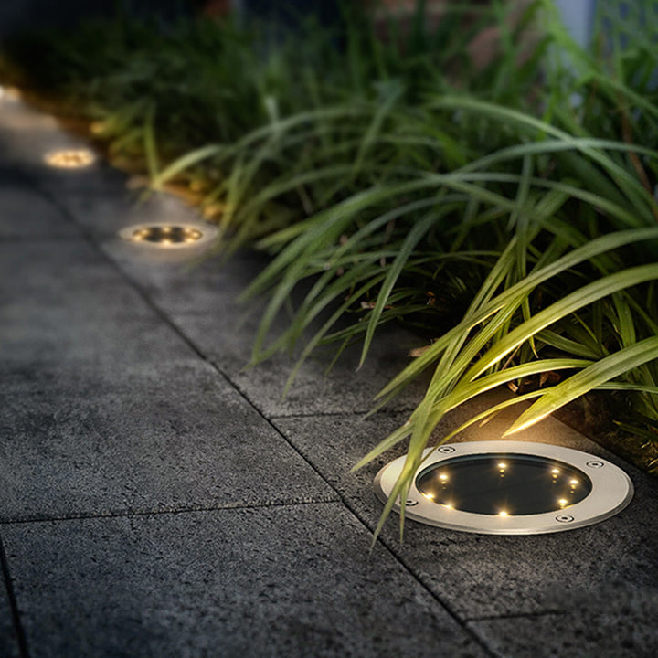 Lumière paysagère moderne minimaliste solaire étanche cylindre disque aluminium verre acier inoxydable LED pour jardin 