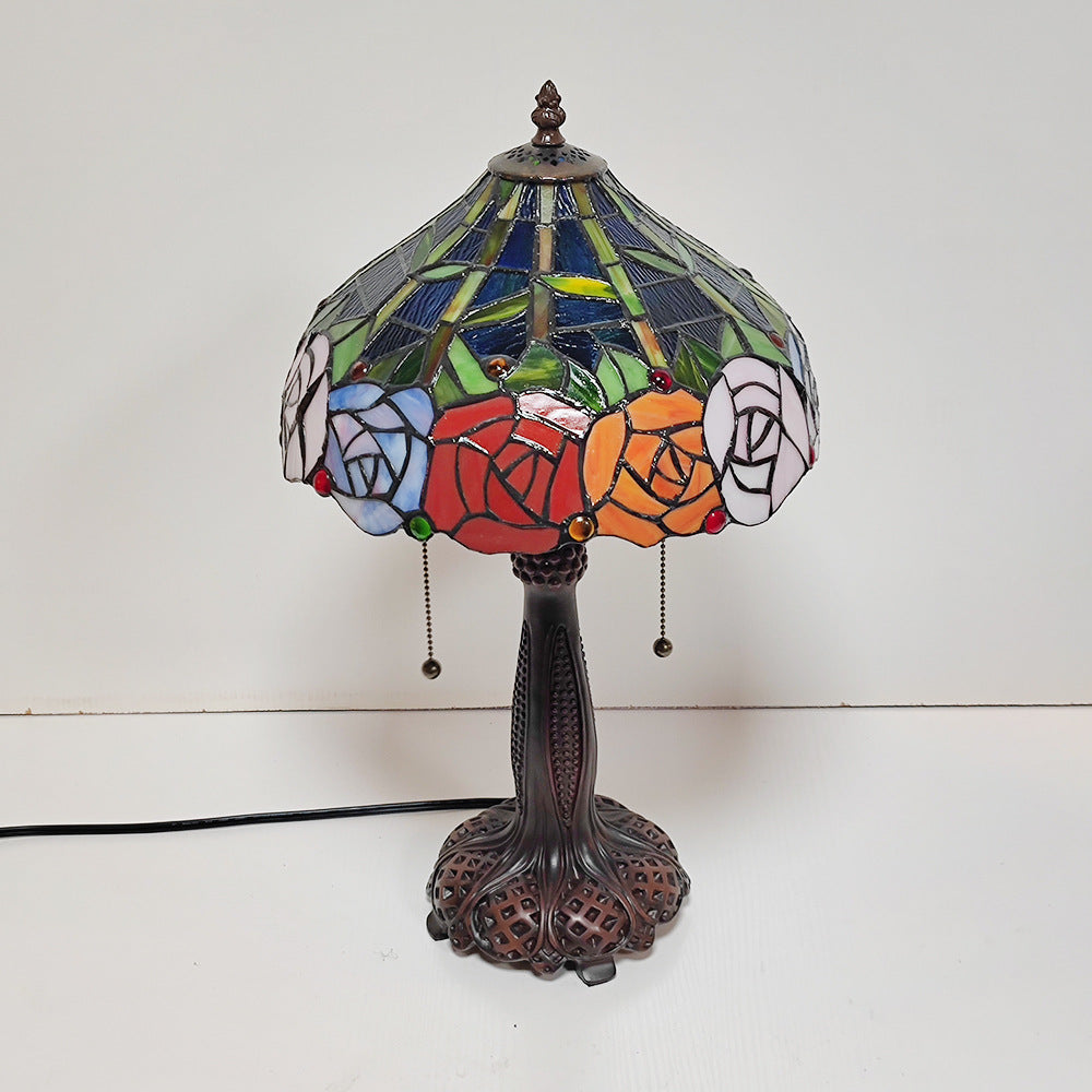 Lampe de Table à 2 Lumières en Verre Coloré Résine avec Motif Libellule Pétale Demi-Cylindre Traditionnel Tiffany pour Chambre 