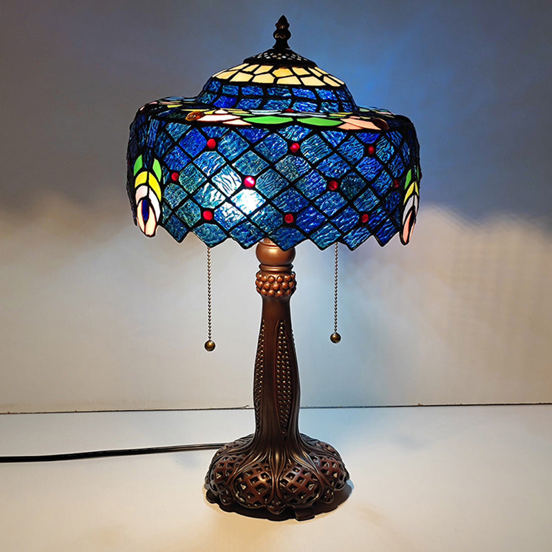مصباح طاولة تقليدي بتصميم تيفاني نصف دائري أسطواني بتلات زجاج ملون بتصميم اليعسوب مع راتنج وإضاءة مزدوجة لغرفة النوم 