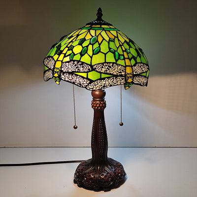 مصباح طاولة تقليدي بتصميم تيفاني نصف دائري أسطواني بتلات زجاج ملون بتصميم اليعسوب مع راتنج وإضاءة مزدوجة لغرفة النوم 