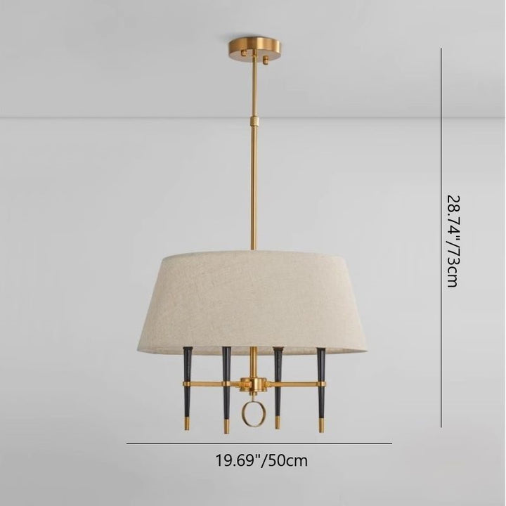 Traditional Chinese Round Table Cylinder Staggered Circle Copper Plated Full Brass Fabric 4-Light Pendant Light For Living Room