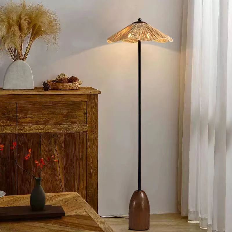 Traditionelle Vintage Regenschirm Zylinder Eisen Stroh 2-Licht Stehlampe für Wohnzimmer 