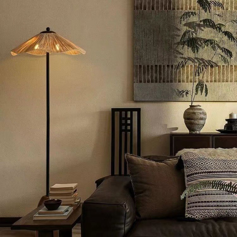Traditionelle Vintage Regenschirm Zylinder Eisen Stroh 2-Licht Stehlampe für Wohnzimmer 