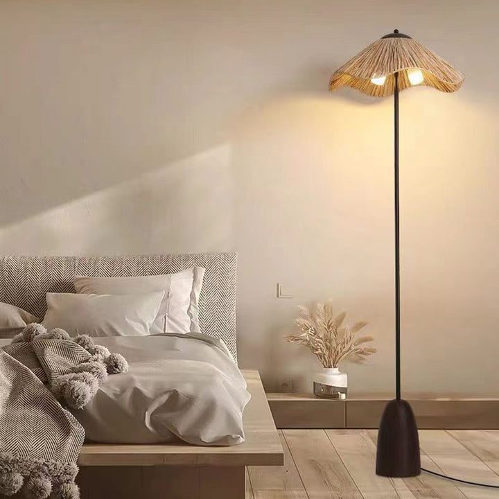 Traditionelle Vintage Regenschirm Zylinder Eisen Stroh 2-Licht Stehlampe für Wohnzimmer 