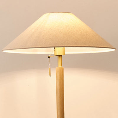 Lampe de sol contemporaine scandinave à une lumière avec base cylindrique en bois et tissu pour salon 