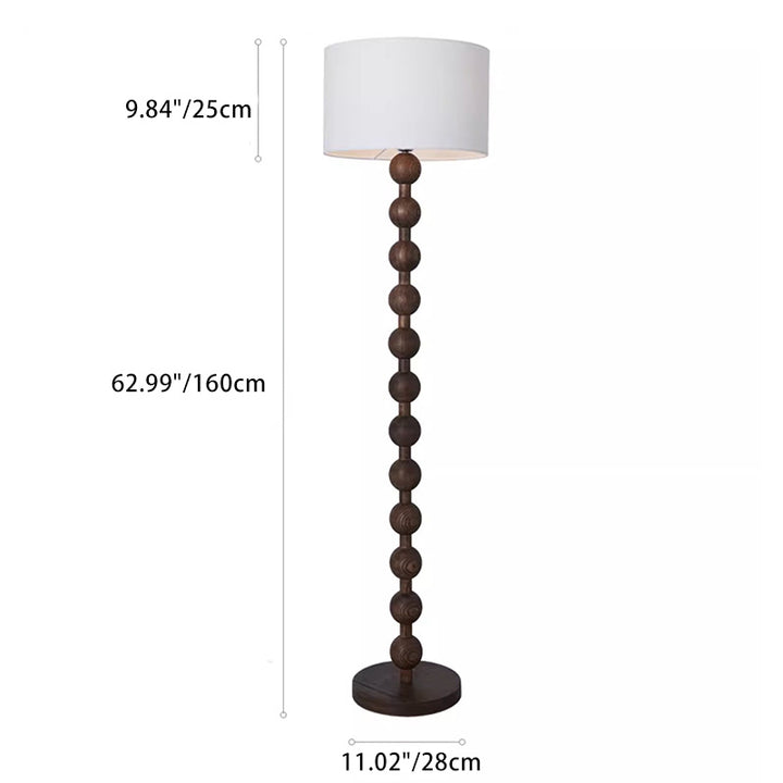 Traditional Vintage Cylinder Small Ball Iron Woodgrain Fabric 1-Light Standing Floor Lamp For Living Room