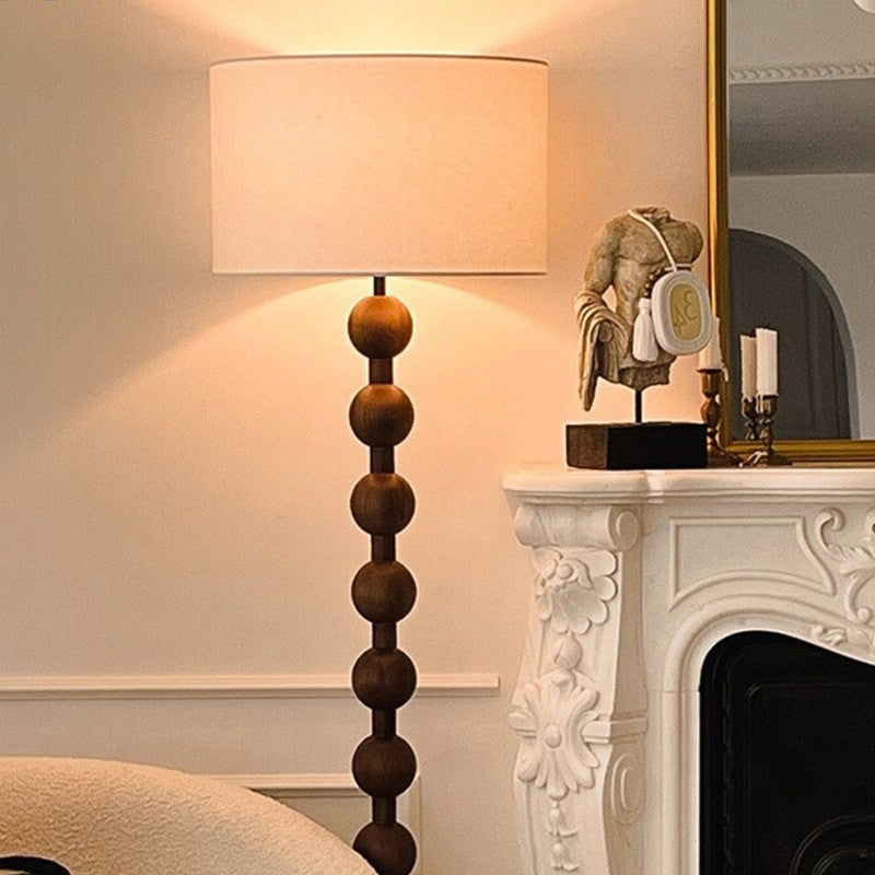 Traditional Vintage Cylinder Small Ball Iron Woodgrain Fabric 1-Light Standing Floor Lamp For Living Room