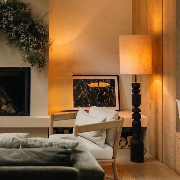 Lampe sur pied en bois avec tissu à 1 lumière, combinaison cascade demi-cercle cylindre traditionnel français pour salon 