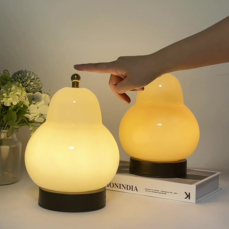 Modern Minimalist Cream Pear Disc Base Hardware Glass LED Table Lamp For Bedroom