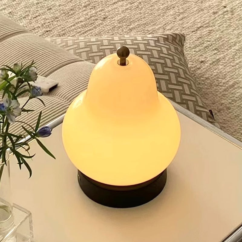 Modern Minimalist Cream Pear Disc Base Hardware Glass LED Table Lamp For Bedroom