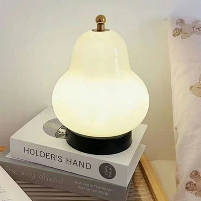Modern Minimalist Cream Pear Disc Base Hardware Glass LED Table Lamp For Bedroom