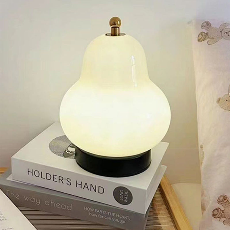 Modern Minimalist Cream Pear Disc Base Hardware Glass LED Table Lamp For Bedroom