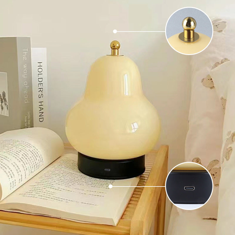 Modern Minimalist Cream Pear Disc Base Hardware Glass LED Table Lamp For Bedroom