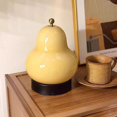 Modern Minimalist Cream Pear Disc Base Hardware Glass LED Table Lamp For Bedroom