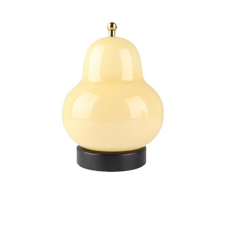 Modern Minimalist Cream Pear Disc Base Hardware Glass LED Table Lamp For Bedroom
