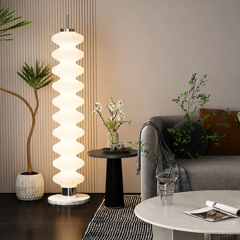 Zeitgenössische skandinavische Kürbis-Mehrschicht-Stehlampe aus Eisen-Marmor und Acrylschirm, LED-Stehlampe für Wohnzimmer 