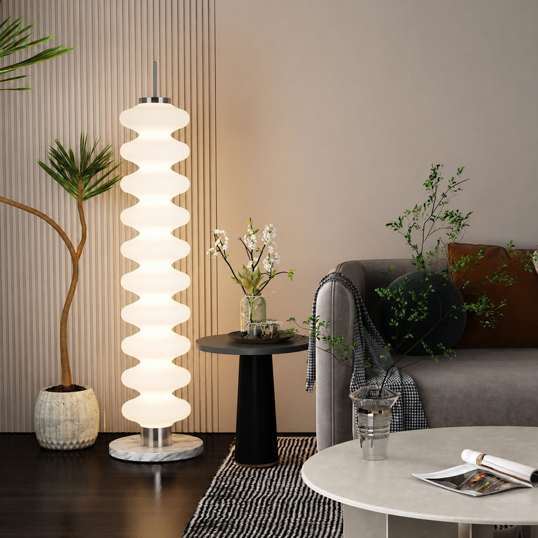 Zeitgenössische skandinavische Kürbis-Mehrschicht-Stehlampe aus Eisen-Marmor und Acrylschirm, LED-Stehlampe für Wohnzimmer 