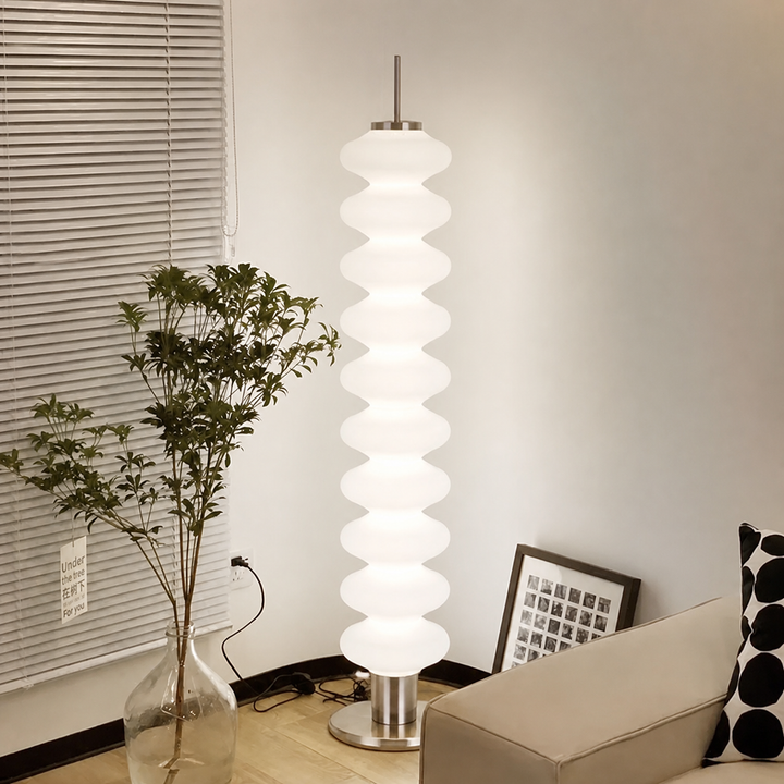 Zeitgenössische skandinavische Kürbis-Mehrschicht-Stehlampe aus Eisen-Marmor und Acrylschirm, LED-Stehlampe für Wohnzimmer 