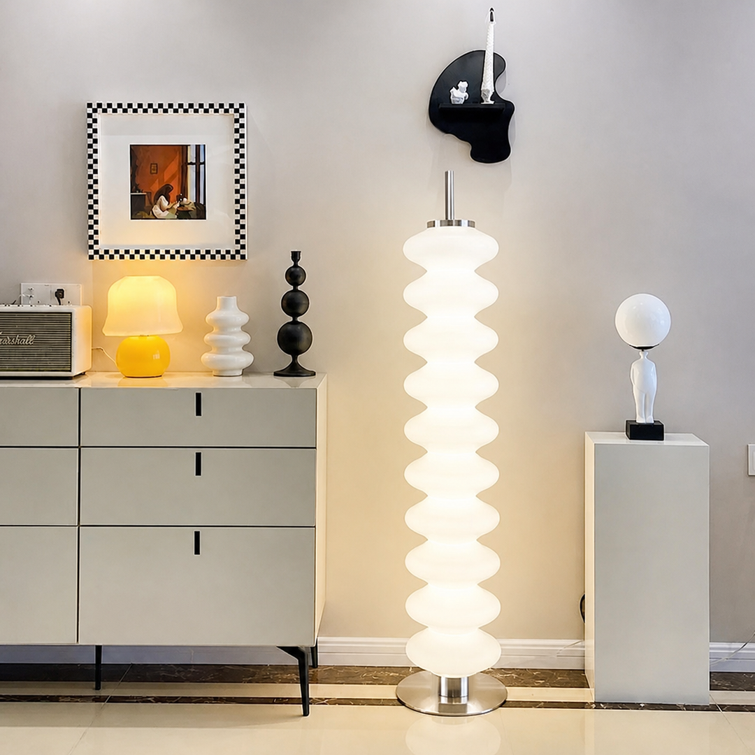 Zeitgenössische skandinavische Kürbis-Mehrschicht-Stehlampe aus Eisen-Marmor und Acrylschirm, LED-Stehlampe für Wohnzimmer 