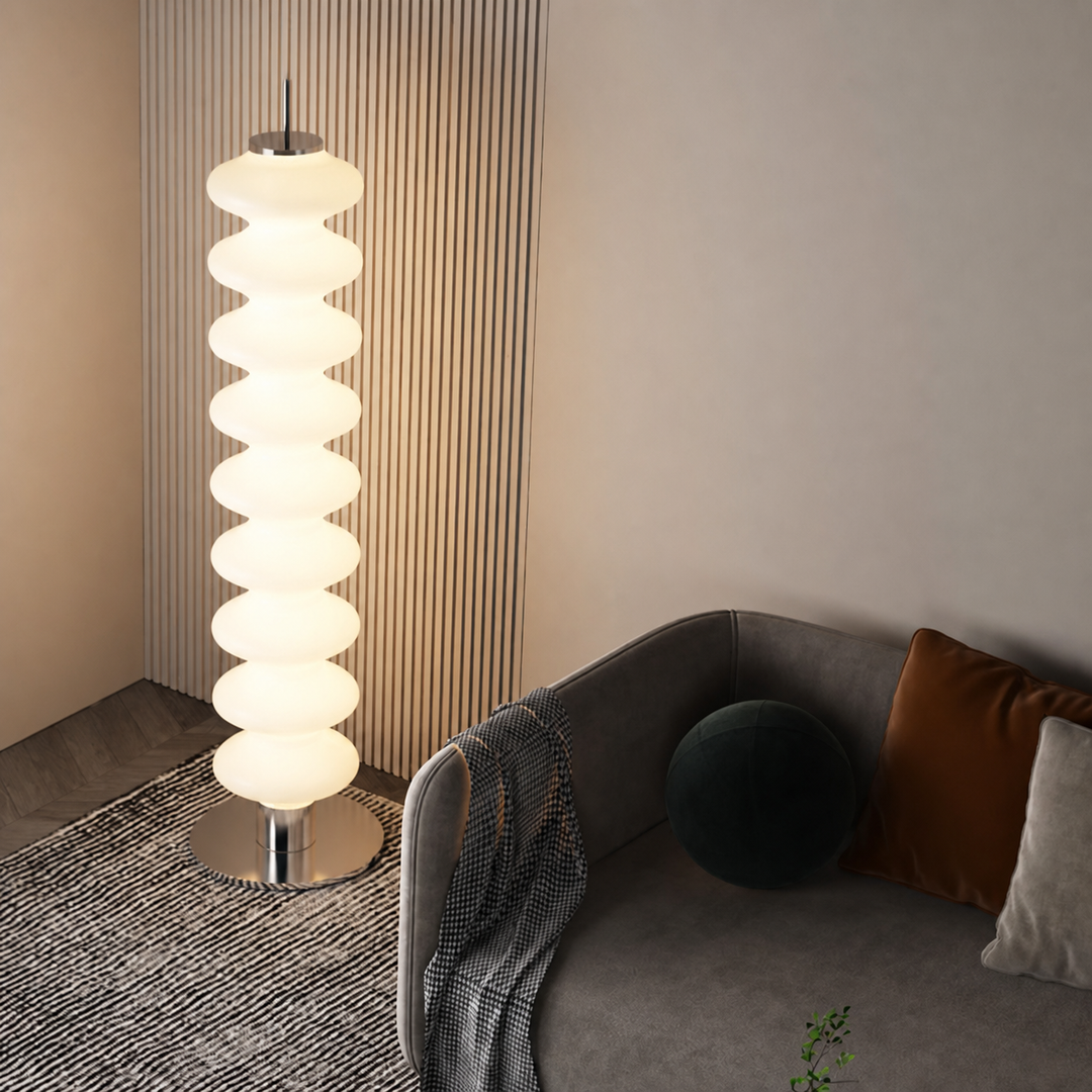 Zeitgenössische skandinavische Kürbis-Mehrschicht-Stehlampe aus Eisen-Marmor und Acrylschirm, LED-Stehlampe für Wohnzimmer 