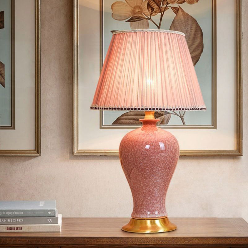 Lampe de table traditionnelle chinoise ovale sphérique ronde en céramique à glaçure cristallisée avec tissu en cuivre à 1 lumière pour chambre à coucher 