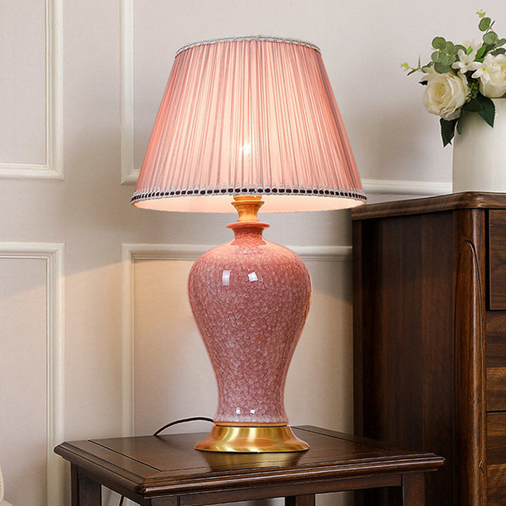 Lampe de table traditionnelle chinoise ovale sphérique ronde en céramique à glaçure cristallisée avec tissu en cuivre à 1 lumière pour chambre à coucher 