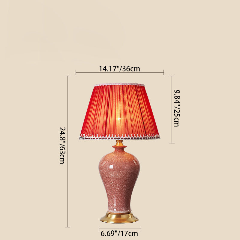 Lampe de table traditionnelle chinoise ovale sphérique ronde en céramique à glaçure cristallisée avec tissu en cuivre à 1 lumière pour chambre à coucher 