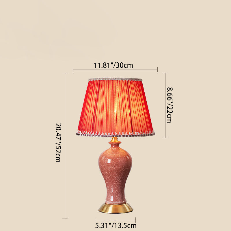 Lampe de table traditionnelle chinoise ovale sphérique ronde en céramique à glaçure cristallisée avec tissu en cuivre à 1 lumière pour chambre à coucher 