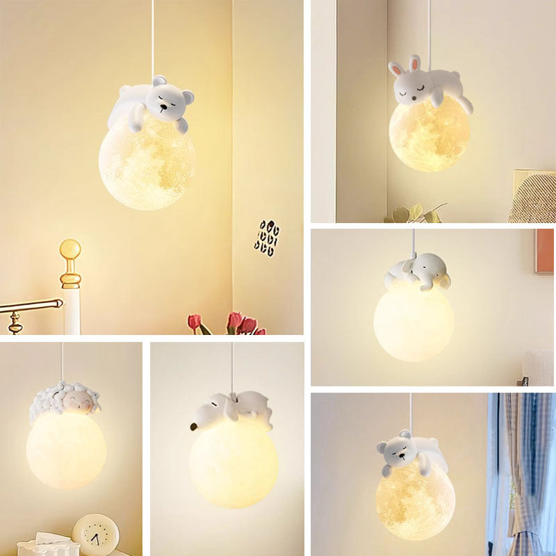 Lumière suspendue 1-lumière en résine pour chambre à coucher avec matériel en PE, design moderne minimaliste, dessin animé pour enfants, lune, animaux mignons, ours, lapin, chien, éléphant, mouton 