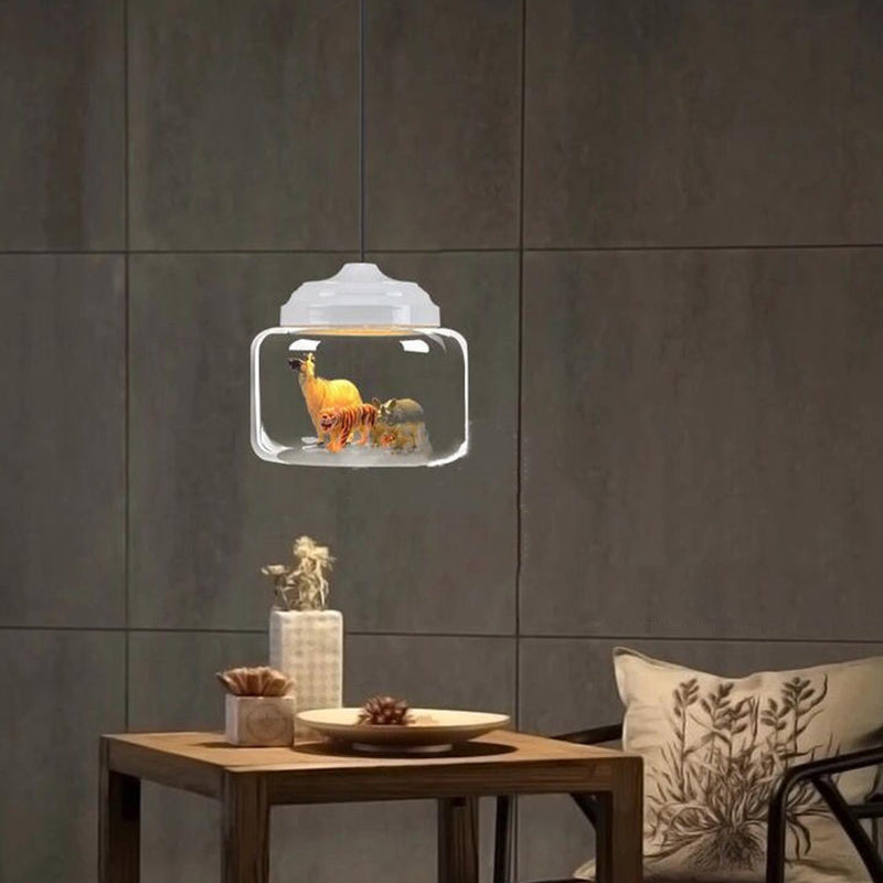 Lustre suspendu LED en verre et fer en forme de cylindre avec animaux de dessin animé créatifs contemporains pour enfants, pour salon 