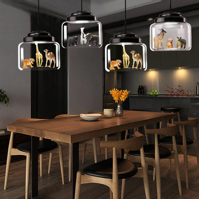 Contemporary Creative Cartoon Animals Kids Cylinder Iron Glass LED Pendant Light For Living Room