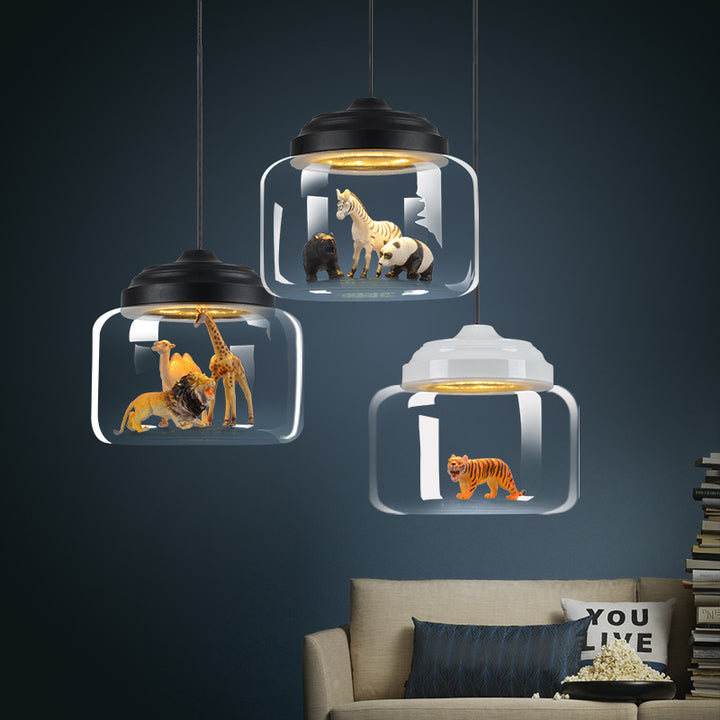 Lustre suspendu LED en verre et fer en forme de cylindre avec animaux de dessin animé créatifs contemporains pour enfants, pour salon 