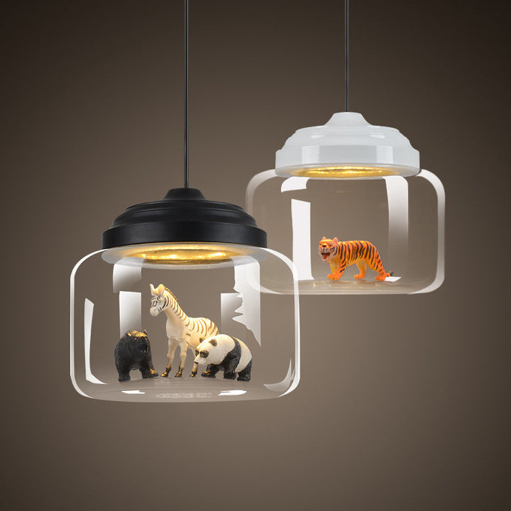Lustre suspendu LED en verre et fer en forme de cylindre avec animaux de dessin animé créatifs contemporains pour enfants, pour salon 