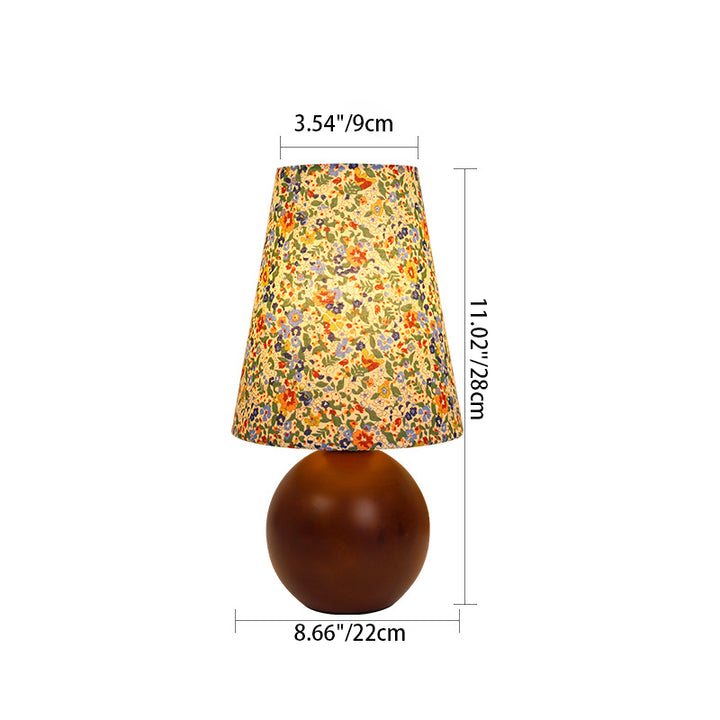 Traditionelle Vintage Rundtisch Kugel Zylinder Basis Floral Trim Massivholz Stoff LED Tischlampe für Schlafzimmer 