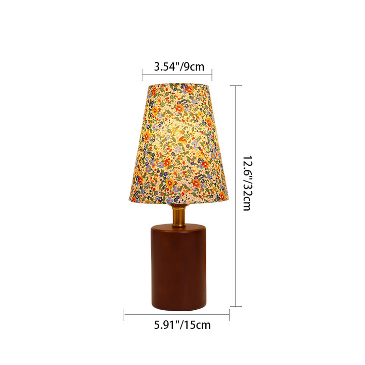 Traditionelle Vintage Rundtisch Kugel Zylinder Basis Floral Trim Massivholz Stoff LED Tischlampe für Schlafzimmer 