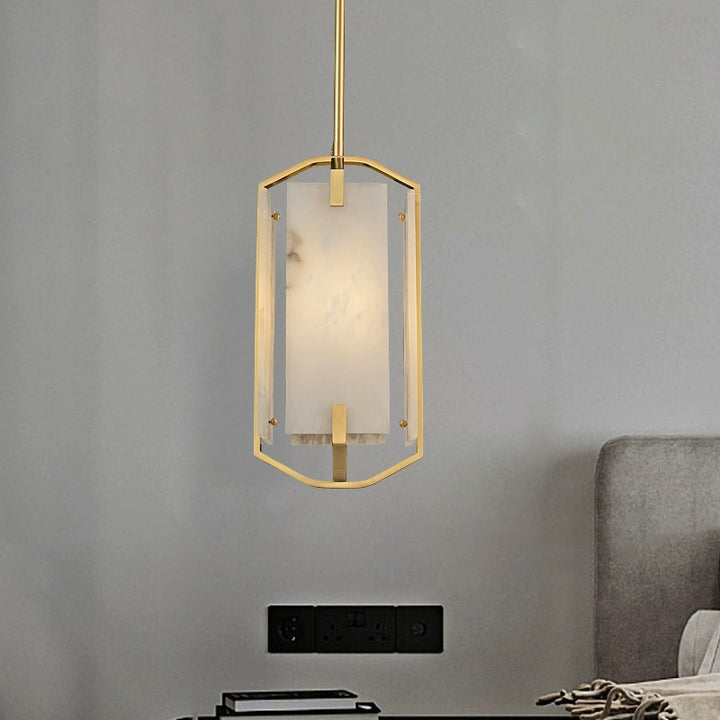 Moderna lámpara colgante rectangular de lujo con mármol y cobre de 1 luz para dormitorio 