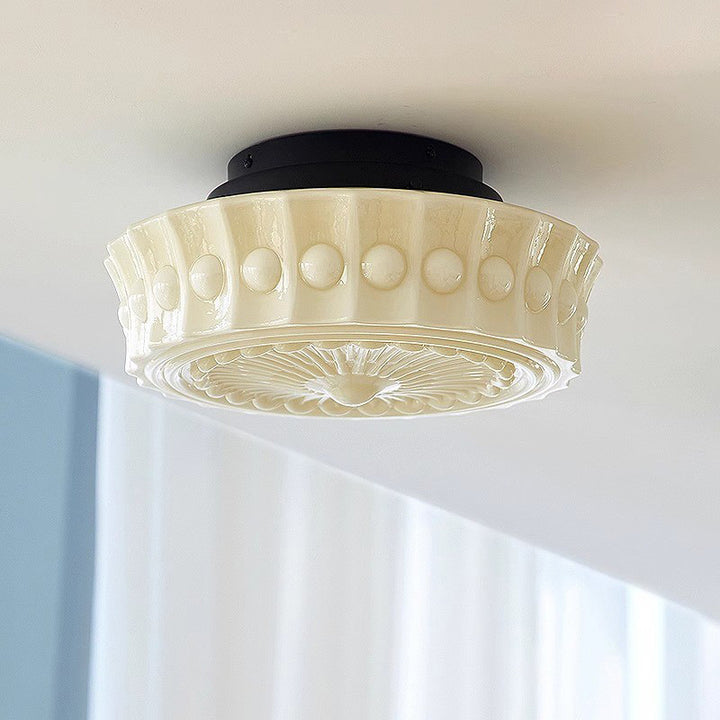Traditionelle, runde Vintage-Deckenleuchte mit floralem Kugel-Sockel und Glas-Hardware, 3-flammig, halbbündige Montage, für Schlafzimmer 
