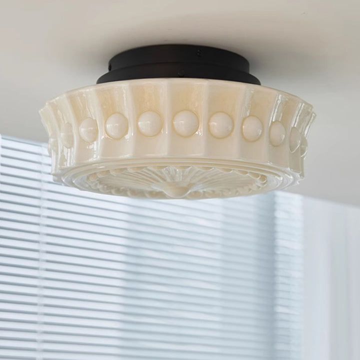 Traditionelle, runde Vintage-Deckenleuchte mit floralem Kugel-Sockel und Glas-Hardware, 3-flammig, halbbündige Montage, für Schlafzimmer 