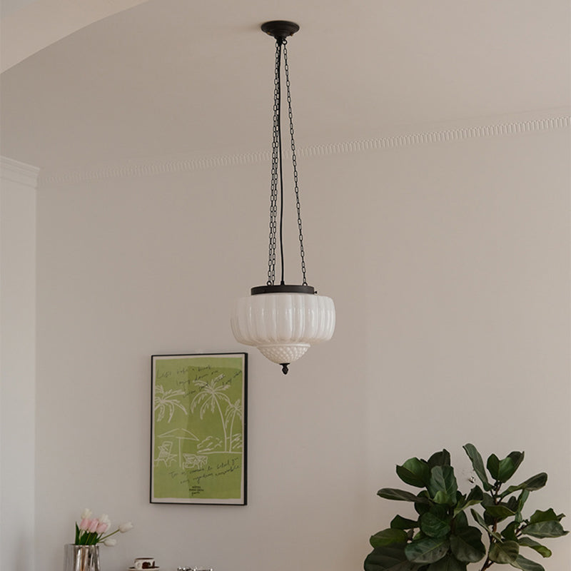 Traditional Vintage Diamond Pumpkin Striped Disc Base Iron Glass 4-Light Pendant Light For Living Room